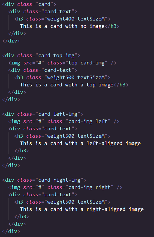 html code for the card elements below